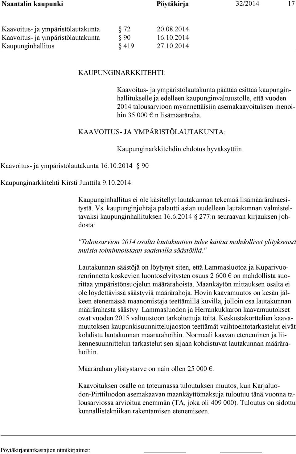 myönnet täisiin asemakaavoituksen menoihin 35 000 :n lisä määräraha. KAAVOITUS- JA YMPÄRISTÖLAUTAKUNTA: Kaupunginarkkitehdin ehdotus hyväksyttiin.