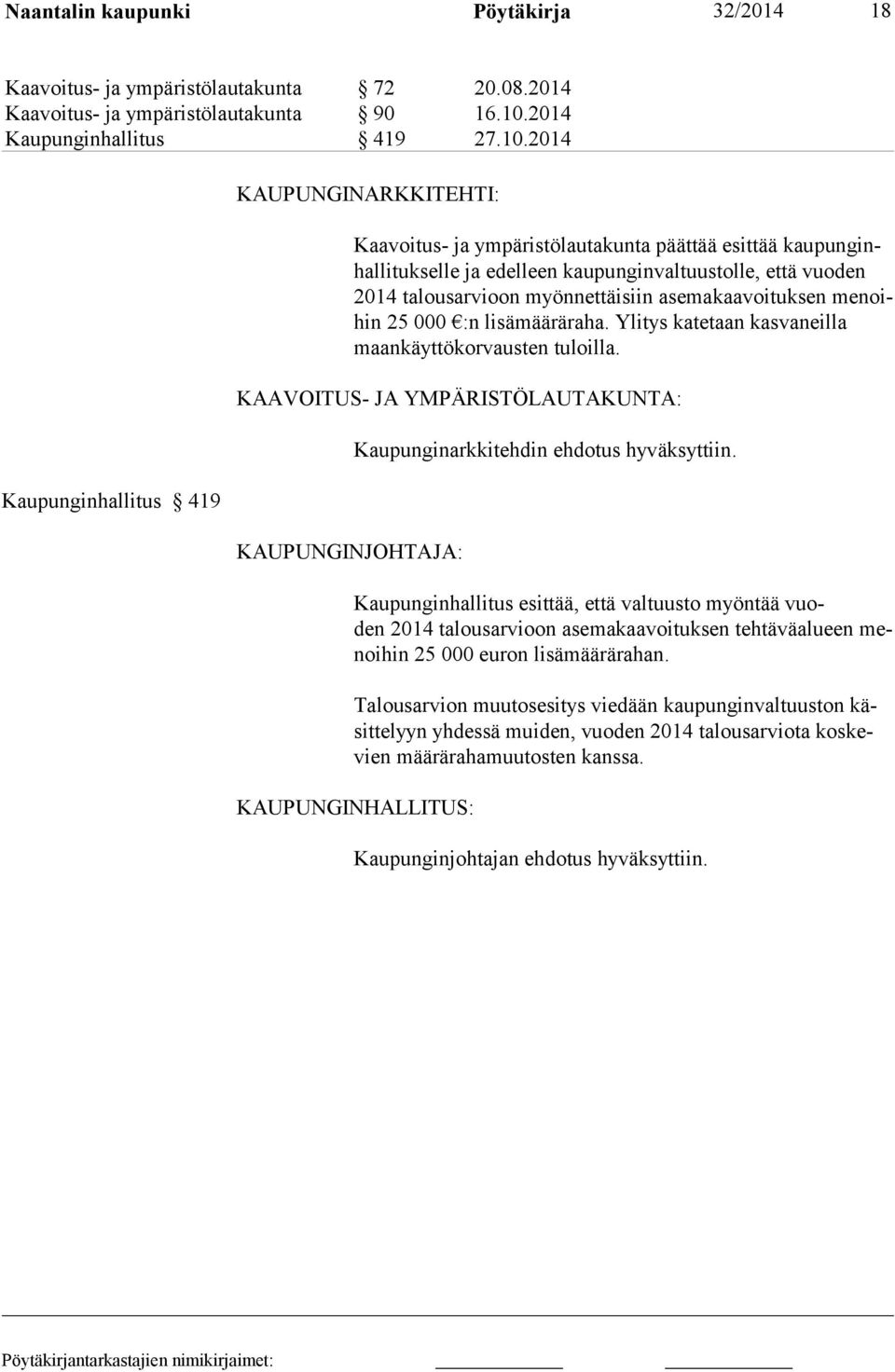 2014 Kaupunginhallitus 419 KAUPUNGINARKKITEHTI: Kaavoitus- ja ympäristölautakunta päättää esittää kaupunginhallitukselle ja edelleen kau punginvaltuus tolle, että vuoden 2014 talousarvioon myönnet