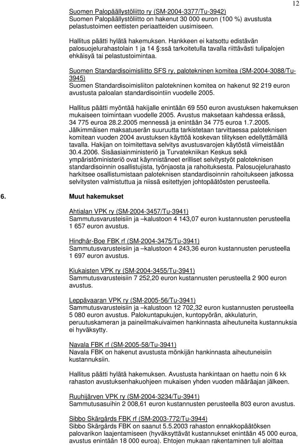 Suomen Standardisoimisliitto SFS ry, palotekninen komitea (SM-2004-3088/Tu- 3945) Suomen Standardisoimisliiton palotekninen komitea on hakenut 92 219 euron avustusta paloalan standardisointiin