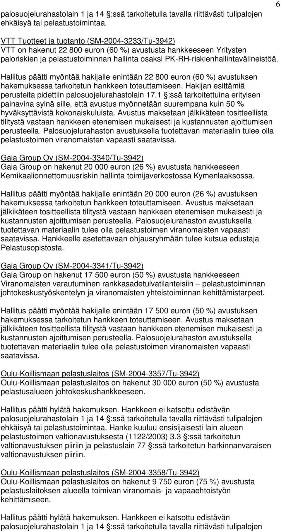 Hallitus päätti myöntää hakijalle enintään 22 800 euron (60 %) avustuksen hakemuksessa tarkoitetun hankkeen toteuttamiseen. Hakijan esittämiä perusteita pidettiin palosuojelurahastolain 17.