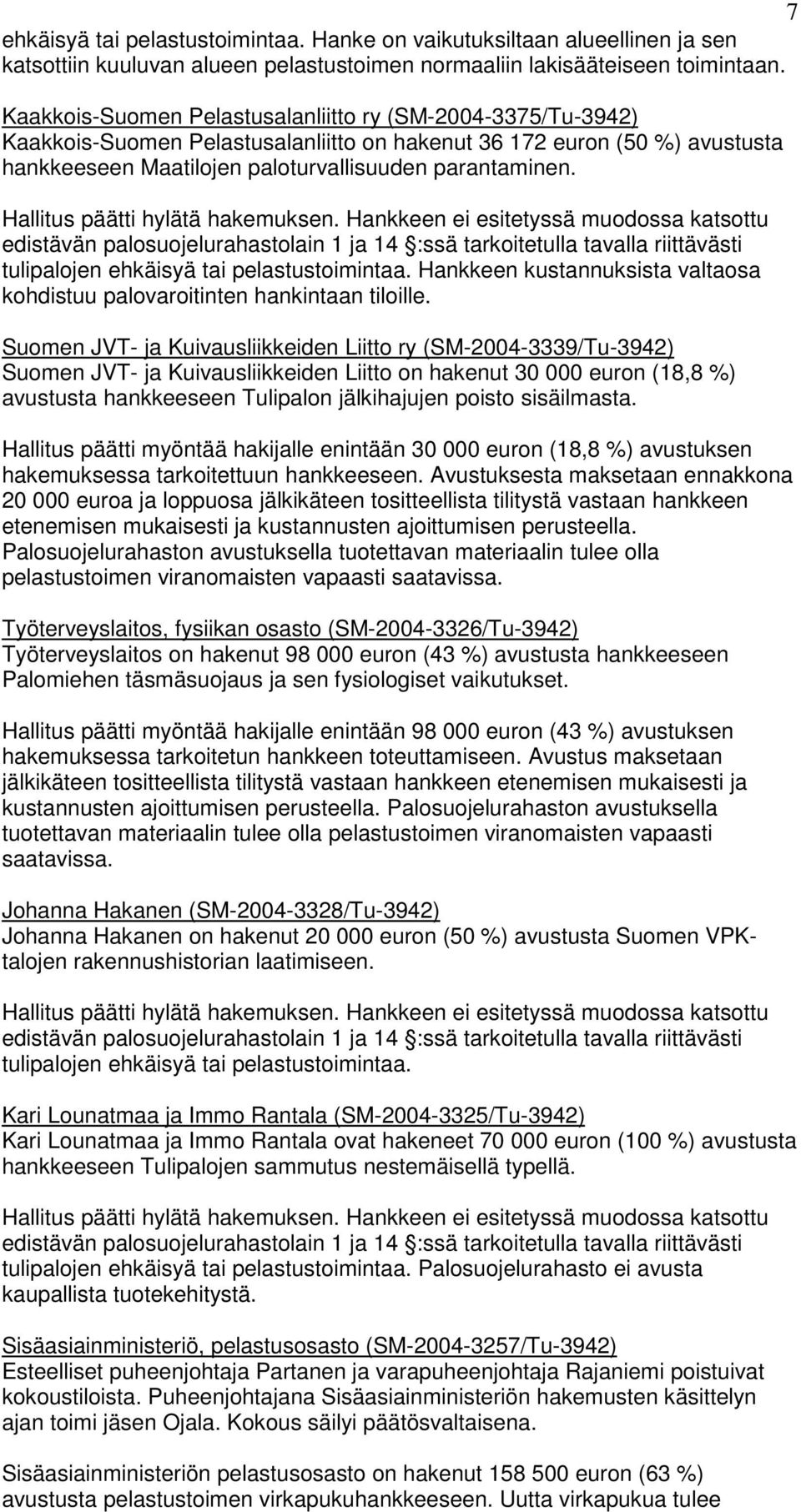 Hallitus päätti hylätä hakemuksen. Hankkeen ei esitetyssä muodossa katsottu edistävän palosuojelurahastolain 1 ja 14 :ssä tarkoitetulla tavalla riittävästi tulipalojen ehkäisyä tai pelastustoimintaa.