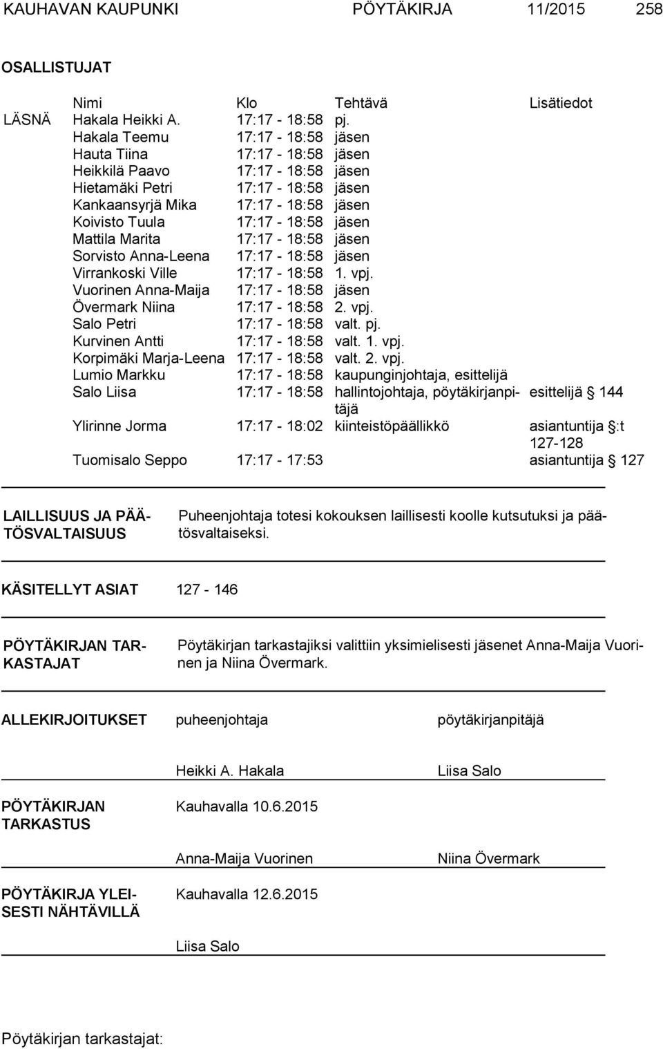 Mattila Marita 17:17-18:58 jäsen Sorvisto Anna-Leena 17:17-18:58 jäsen Virrankoski Ville 17:17-18:58 1. vpj. Vuorinen Anna-Maija 17:17-18:58 jäsen Övermark Niina 17:17-18:58 2. vpj. Salo Petri 17:17-18:58 valt.