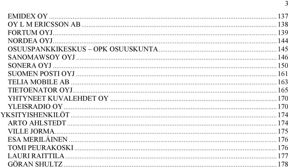 ..161 TELIA MOBILE AB...163 TIETOENATOR OYJ...165 YHTYNEET KUVALEHDET OY...170 YLEISRADIO OY.