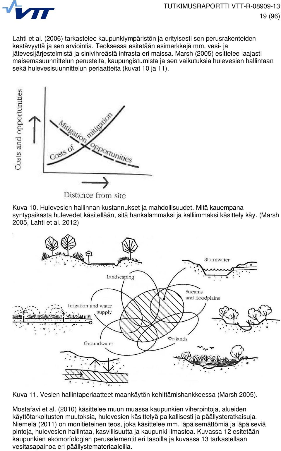 Marsh (2005) esittelee laajasti maisemasuunnittelun perusteita, kaupungistumista ja sen vaikutuksia hulevesien hallintaan sekä hulevesisuunnittelun periaatteita (kuvat 10 ja 11). Kuva 10.