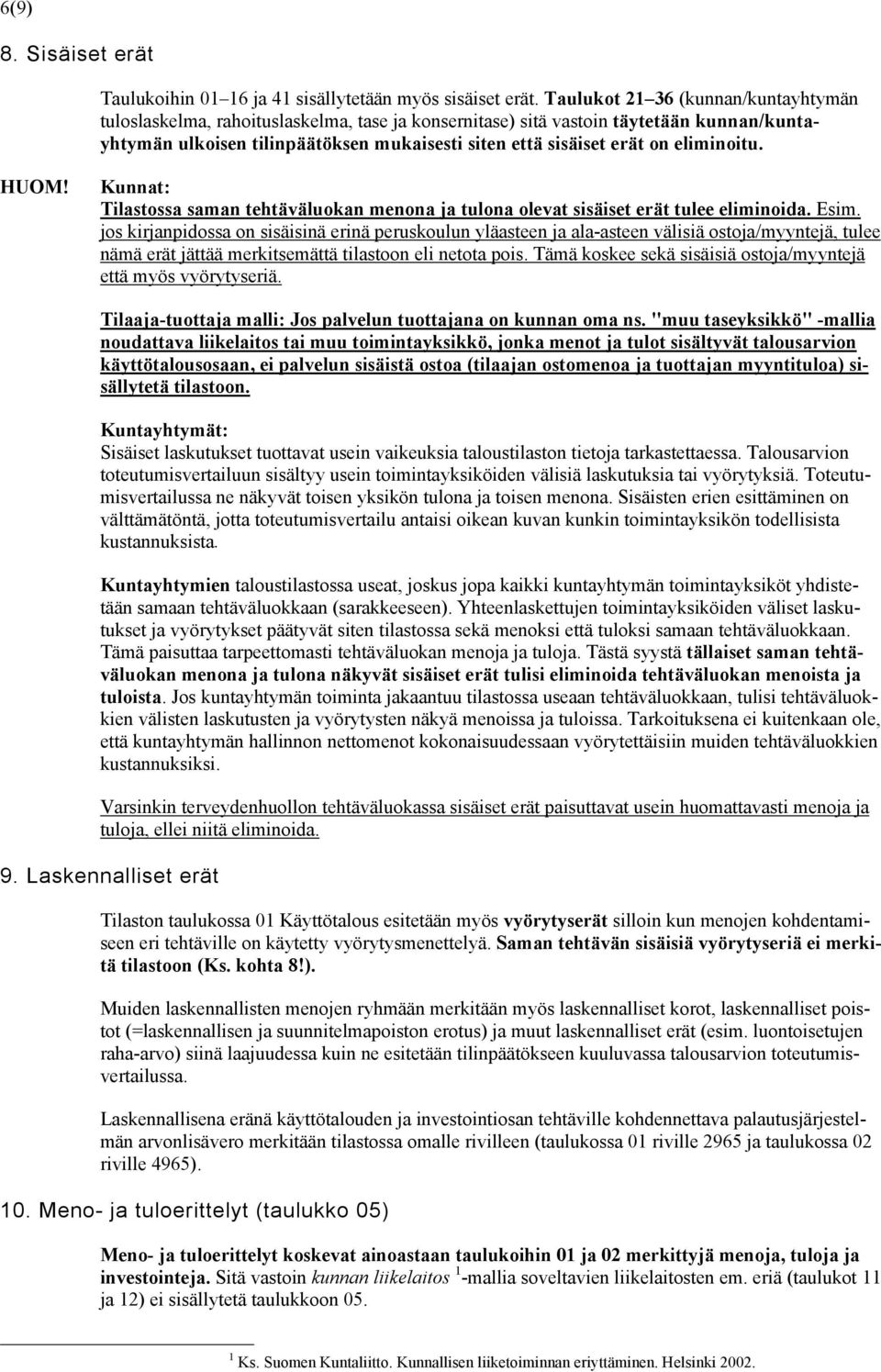 eliminoitu. HUOM! Kunnat: Tilastossa saman tehtäväluokan menona ja tulona olevat sisäiset erät tulee eliminoida. Esim.