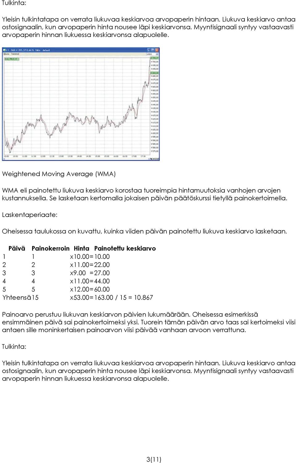 Weightened Moving Average (WMA) WMA eli painotettu liukuva keskiarvo korostaa tuoreimpia hintamuutoksia vanhojen arvojen kustannuksella.