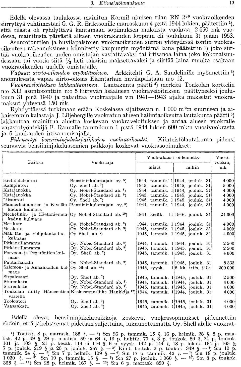 Erikssonille marraskuun 4 p:stä 944 lukien, päätettiin ), että tilasta oli ryhdyttävä kantamaan sopimuksen mukaista vuokraa, 2 650 mk vuodessa, mainitusta päivästä alkaen vuokrakauden loppuun eli