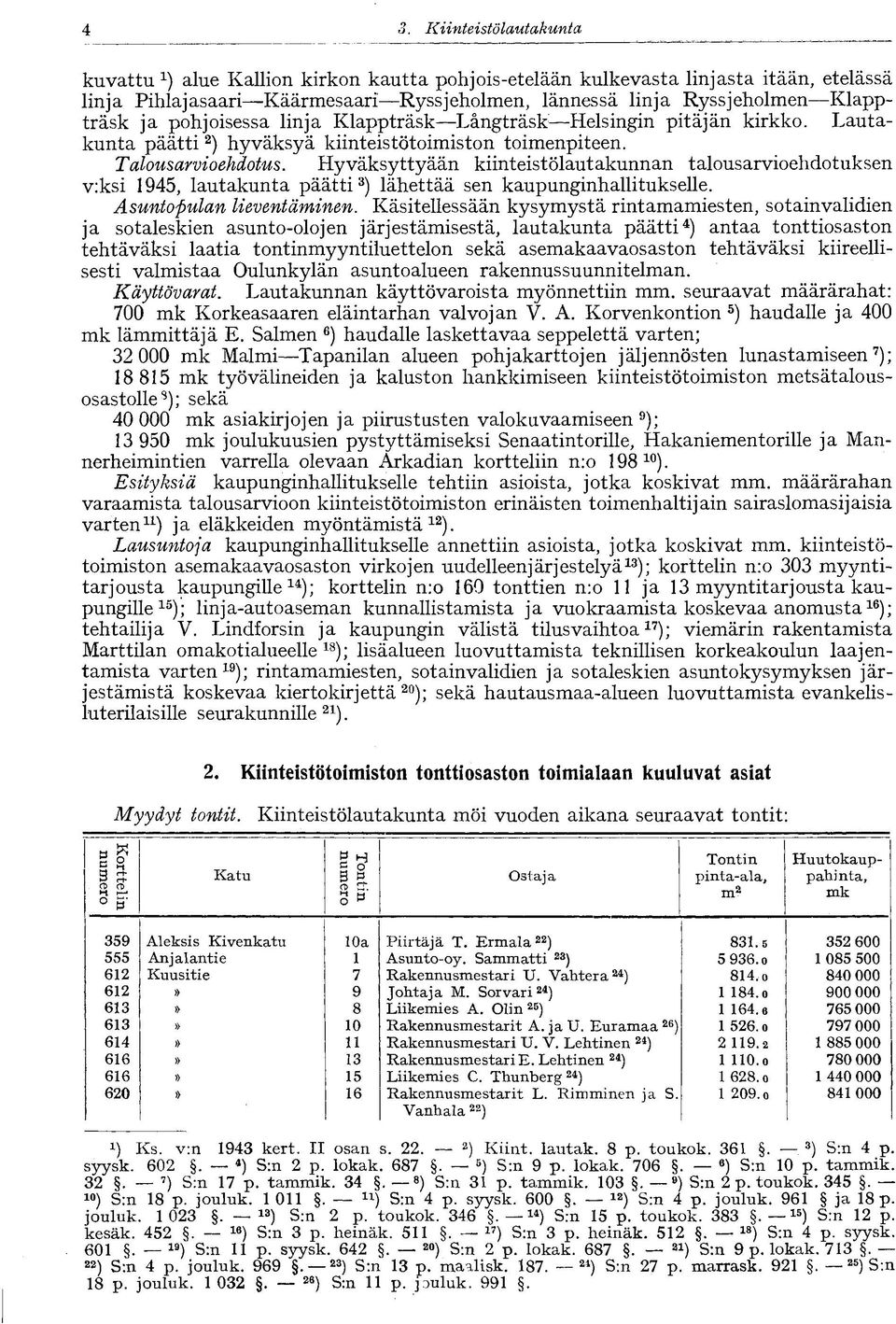 Hyväksyttyään kiinteistölautakunnan talousarvioehdotuksen v:ksi 945, lautakunta päätti 3 ) lähettää sen kaupunginhallitukselle. Asuntopulan lieventäminen.