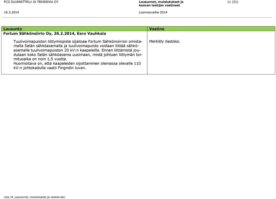 .2.2014, Eero Vauhkala Tuulivoimapuiston liittymispiste sijaitsee Fortum Sähkönsiirron omistamalla Selän