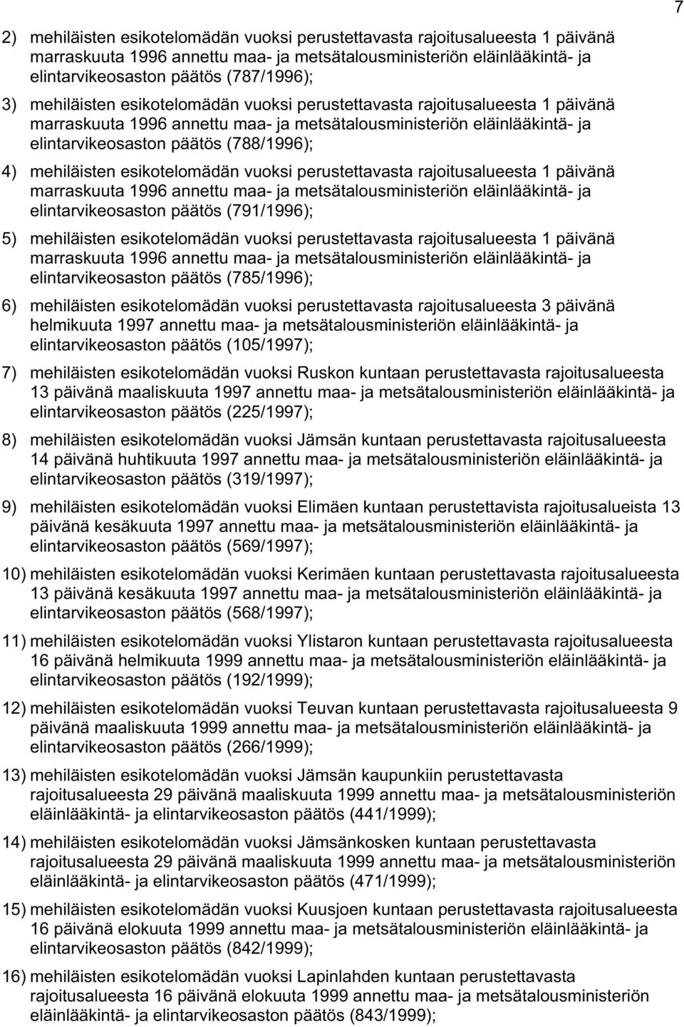 mehiläisten esikotelomädän vuoksi perustettavasta rajoitusalueesta 1 päivänä marraskuuta 1996 annettu maa- ja metsätalousministeriön eläinlääkintä- ja elintarvikeosaston päätös (791/1996); 5)