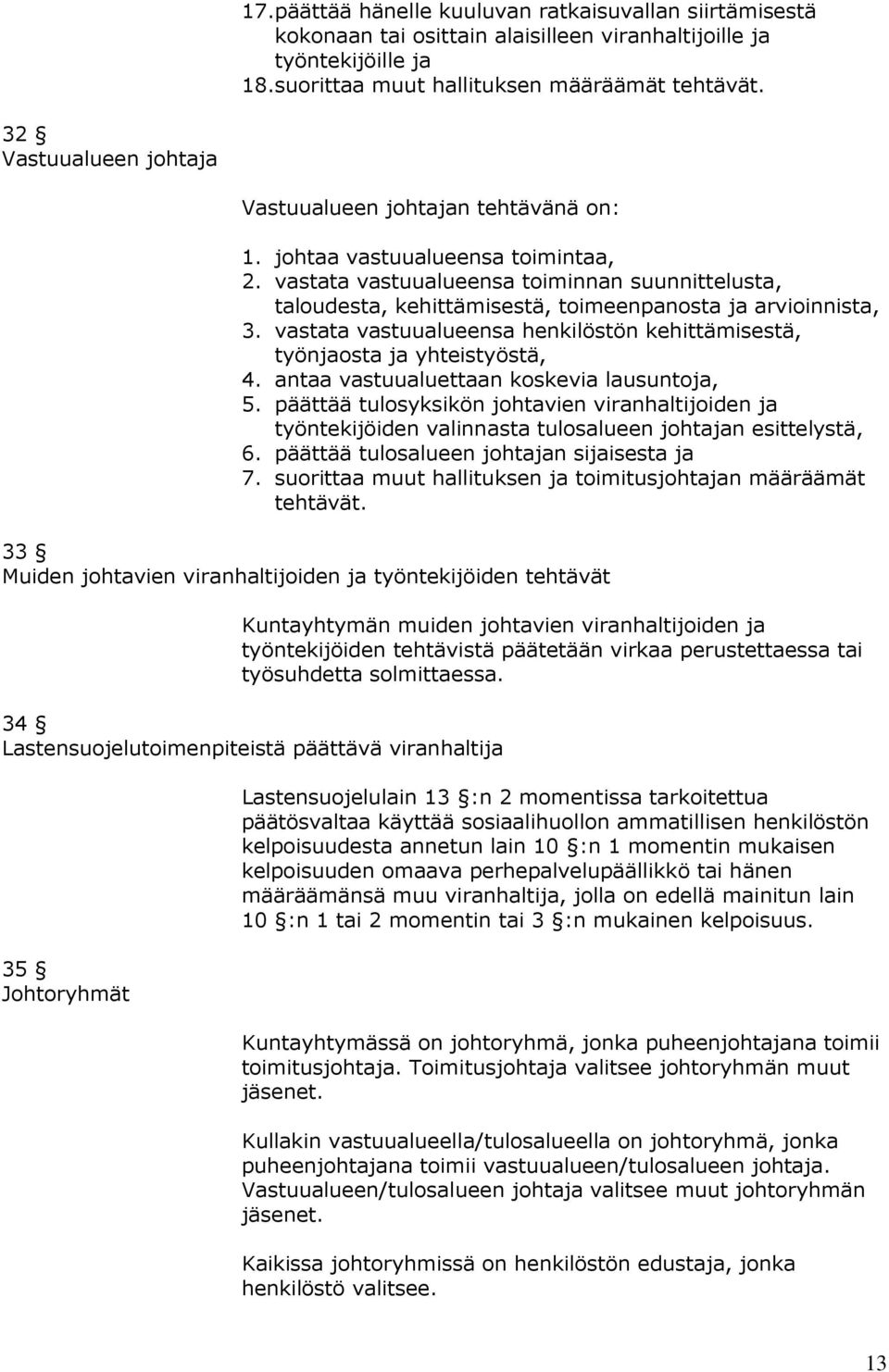 vastata vastuualueensa toiminnan suunnittelusta, taloudesta, kehittämisestä, toimeenpanosta ja arvioinnista, 3. vastata vastuualueensa henkilöstön kehittämisestä, työnjaosta ja yhteistyöstä, 4.