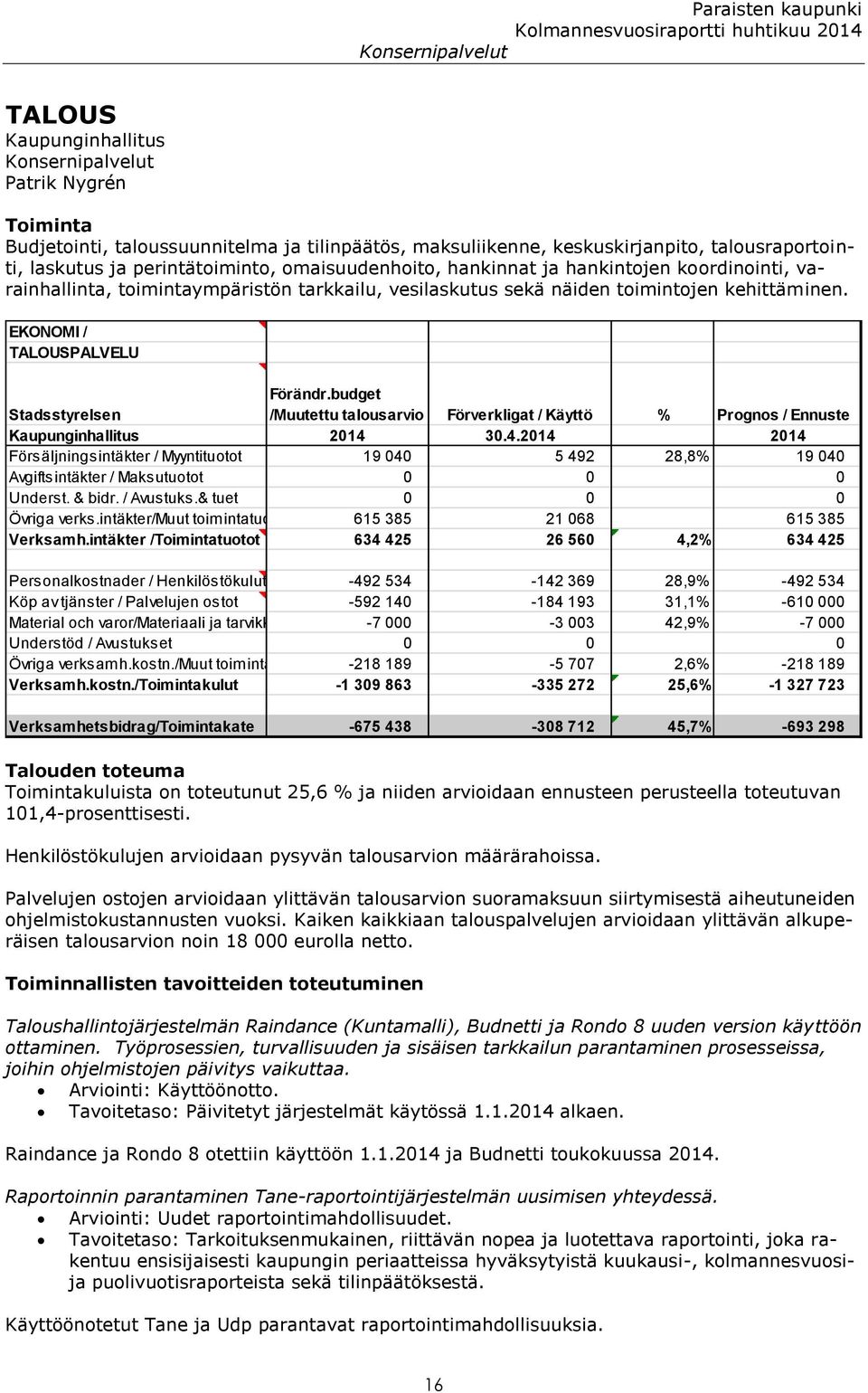 EKONOMI / TALOUSPALVELU Stadsstyrelsen Förändr.budget /Muutettu talousarvio Förverkligat / Käyttö % Prognos / Ennuste Kaupunginhallitus 2014 