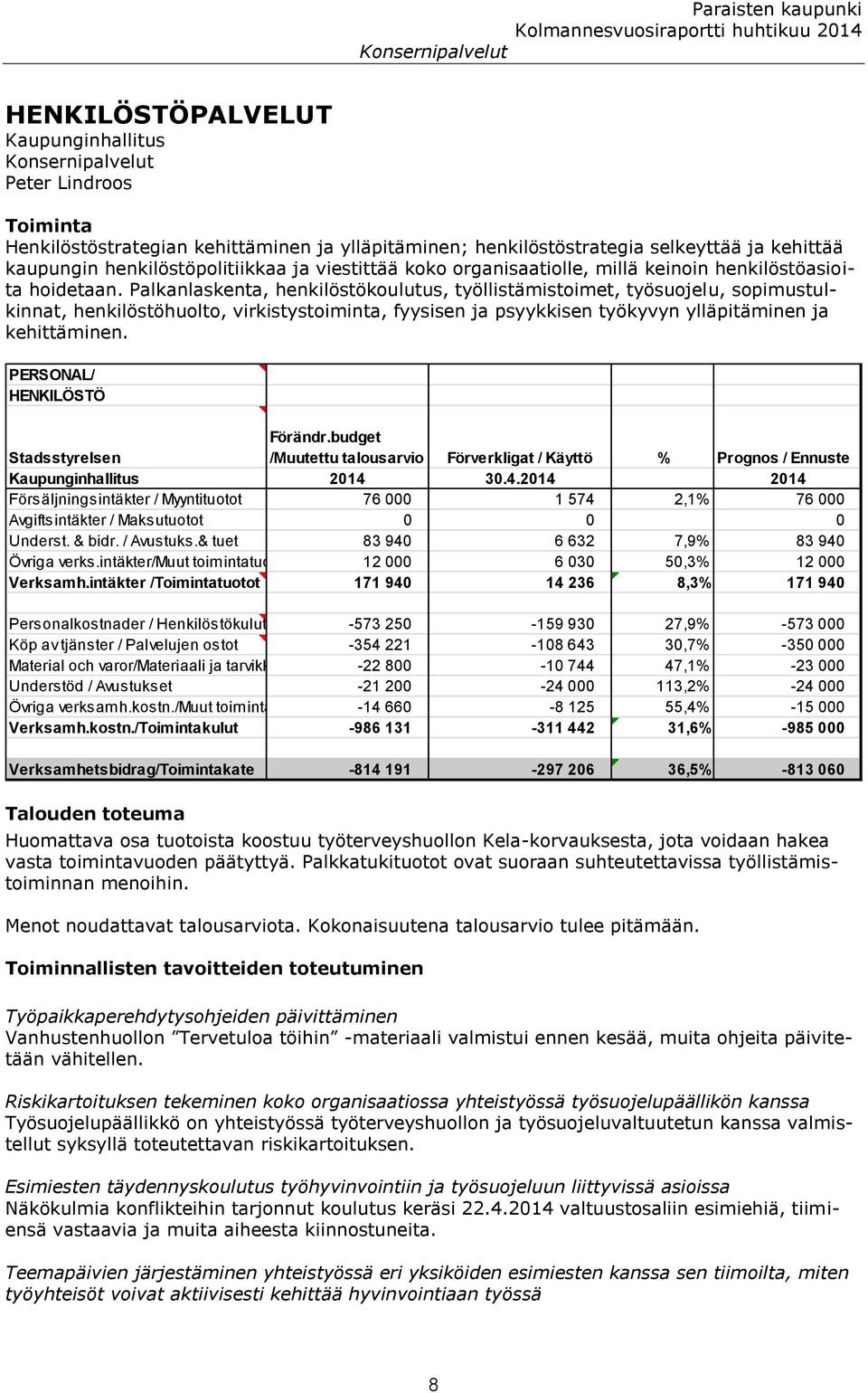 Palkanlaskenta, henkilöstökoulutus, työllistämistoimet, työsuojelu, sopimustulkinnat, henkilöstöhuolto, virkistystoiminta, fyysisen ja psyykkisen työkyvyn ylläpitäminen ja kehittäminen.