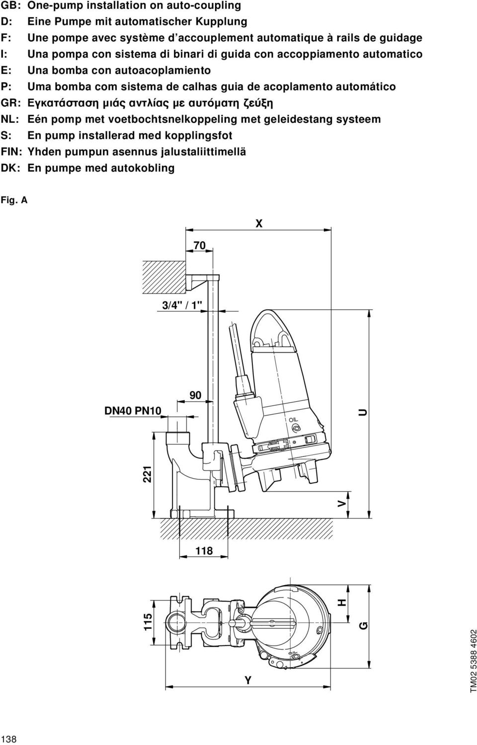 acoplamento automático GR: ÁÎ Ù ÛÙ ÛË ÌÈ ÓÙÏ ÌÂ ÙfiÌ ÙË Â ÍË NL: Eén pomp met voetbochtsnelkoppeling met geleidestang systeem S: En pump installerad med