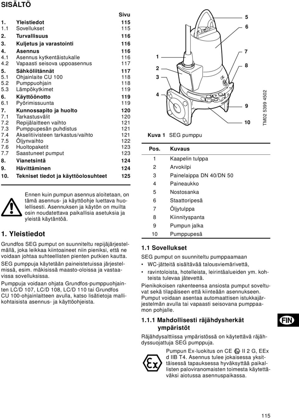 2 Repijälaitteen vaihto 121 7.3 Pumppupesän puhdistus 121 7.4 Akselitiivisteen tarkastus/vaihto 121 7.5 Öljynvaihto 122 7.6 Huoltopaketit 123 7.7 Saastuneet pumput 123 8. Vianetsintä 124 9.