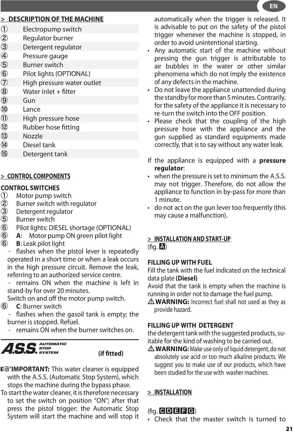 3 Detergent regulator 5 Burner switch 6 Pilot lights: DIESEL shortage (OPTIONAL) 6 A: Motor pump ON green pilot light 6 B: Leak pilot light - flashes when the pistol lever is repeatedly operated in a