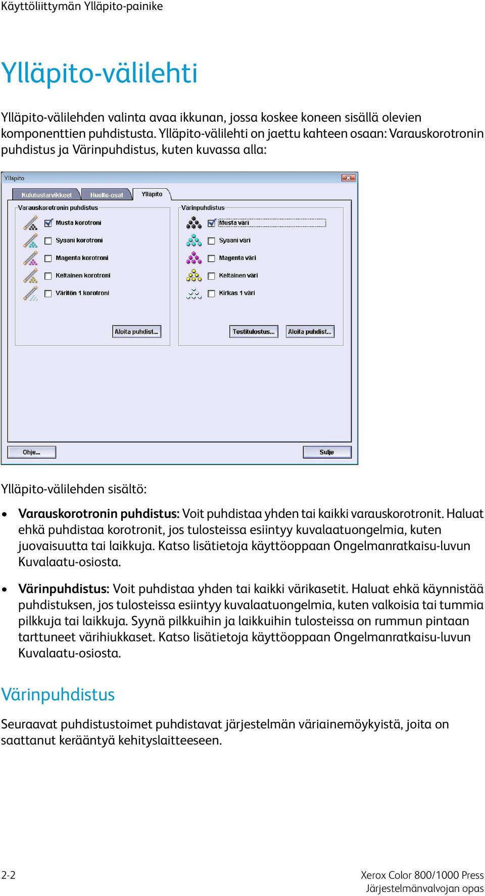 varauskorotronit. Haluat ehkä puhdistaa korotronit, jos tulosteissa esiintyy kuvalaatuongelmia, kuten juovaisuutta tai laikkuja.