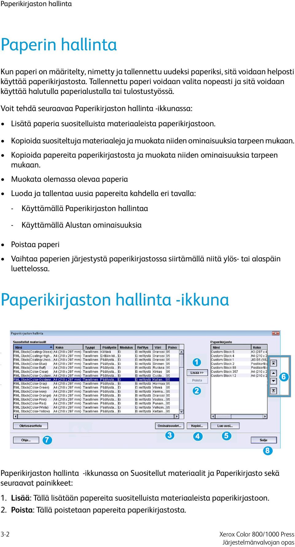 Voit tehdä seuraavaa Paperikirjaston hallinta -ikkunassa: Lisätä paperia suositelluista materiaaleista paperikirjastoon.