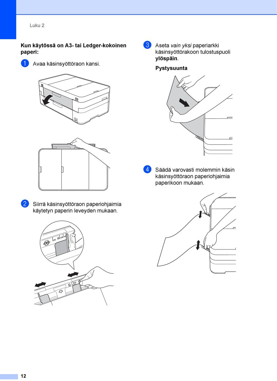 Pystysuunta 2 d Säädä varovasti molemmin käsin käsinsyöttöraon paperiohjaimia