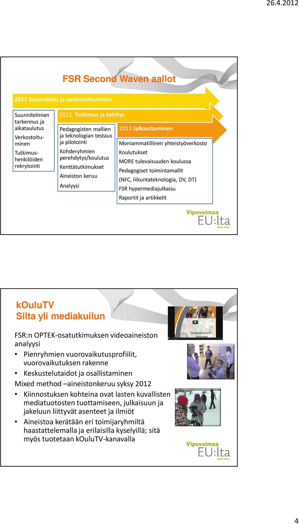 koulussa Pedagogiset toimintamallit (NFC, liikuntateknologia, DV, DT) FSR hypermediajulkaisu Raportit ja artikkelit koulutv Silta yli mediakuilun FSR:nOPTEK-osatutkimuksenvideoaineiston analyysi