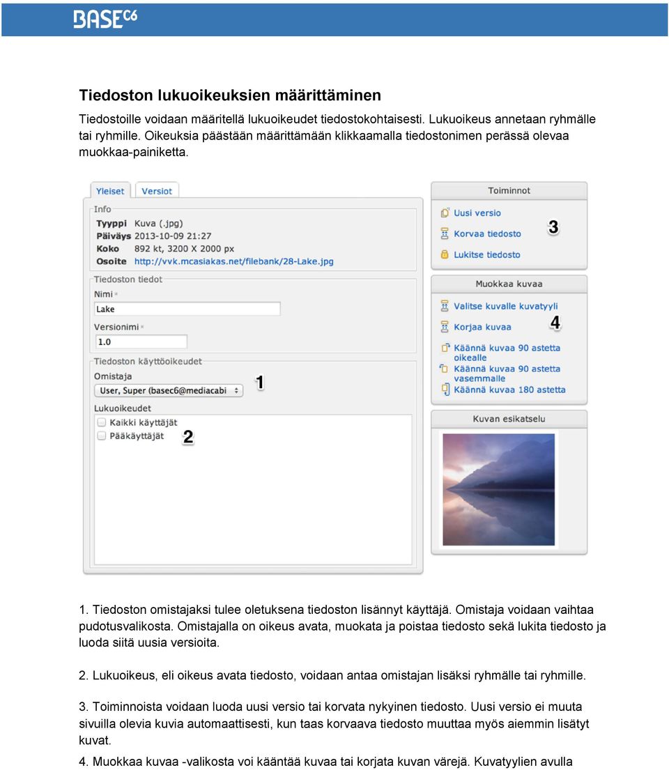 Omistaja voidaan vaihtaa pudotusvalikosta. Omistajalla on oikeus avata, muokata ja poistaa tiedosto sekä lukita tiedosto ja luoda siitä uusia versioita. 2.
