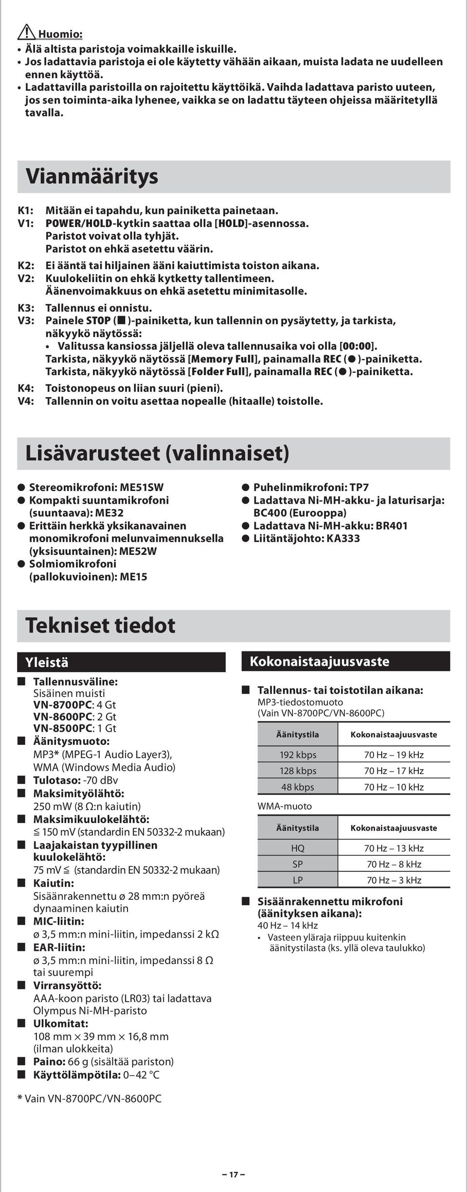 V1: POWER/HOLD-kytkin stt oll [HOLD]-sennoss. Pristot voivt oll tyhjät. Pristot on ehkä setettu väärin. K2: Ei ääntä ti hiljinen ääni kiuttimist toiston ikn.