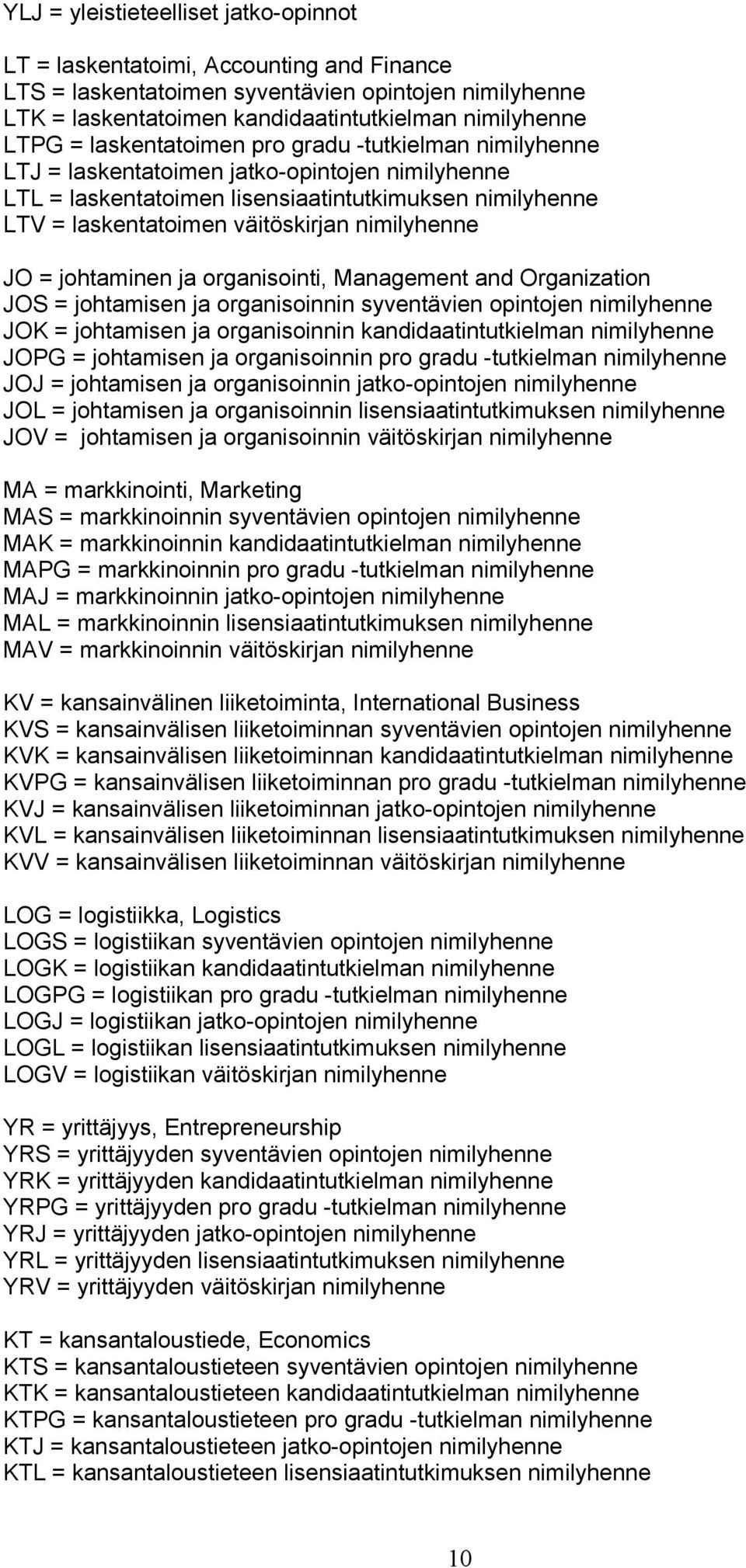 nimilyhenne JO = johtaminen ja organisointi, Management and Organization JOS = johtamisen ja organisoinnin syventävien opintojen nimilyhenne JOK = johtamisen ja organisoinnin kandidaatintutkielman