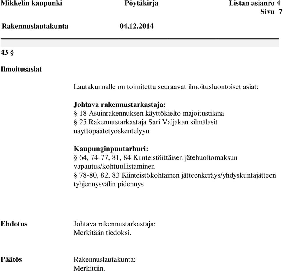 majoitustilana 25 Rakennustarkastaja Sari Valjakan silmälasit näyttöpäätetyöskentelyyn Kaupunginpuutarhuri: 64, 74-77, 81, 84 Kiinteistöittäisen