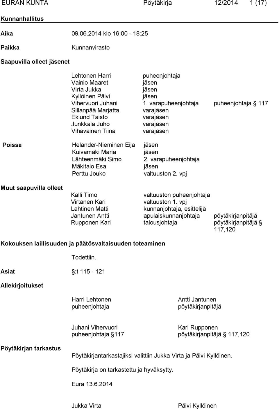 varapuheenjohtaja puheenjohtaja 117 Sillanpää Marjatta varajäsen Eklund Taisto varajäsen Junkkala Juho varajäsen Vihavainen Tiina varajäsen Poissa Helander-Nieminen Eija jäsen Kuivamäki Maria jäsen