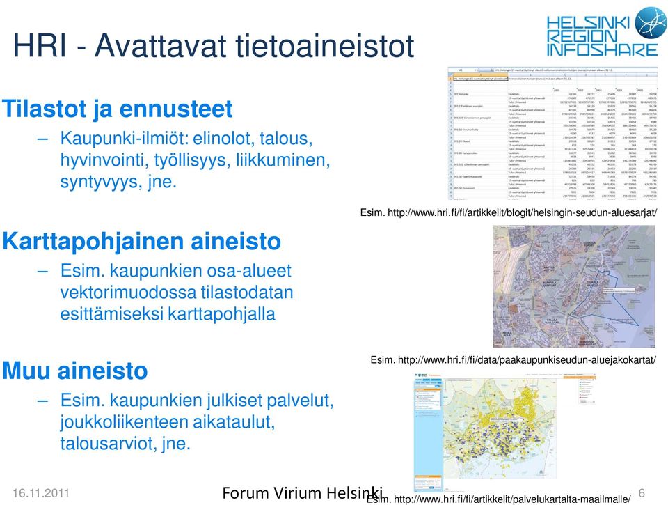 kaupunkien julkiset palvelut, joukkoliikenteen aikataulut, talousarviot, jne. Esim. http://www.hri.