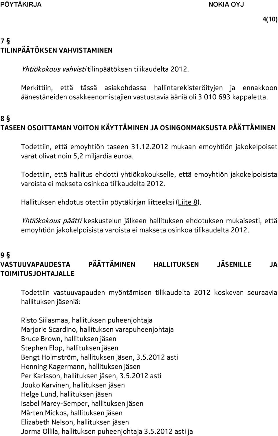 8 TASEEN OSOITTAMAN VOITON KÄYTTÄMINEN JA OSINGONMAKSUSTA PÄÄTTÄMINEN Todettiin, että emoyhtiön taseen 31.12.2012 mukaan emoyhtiön jakokelpoiset varat olivat noin 5,2 miljardia euroa.