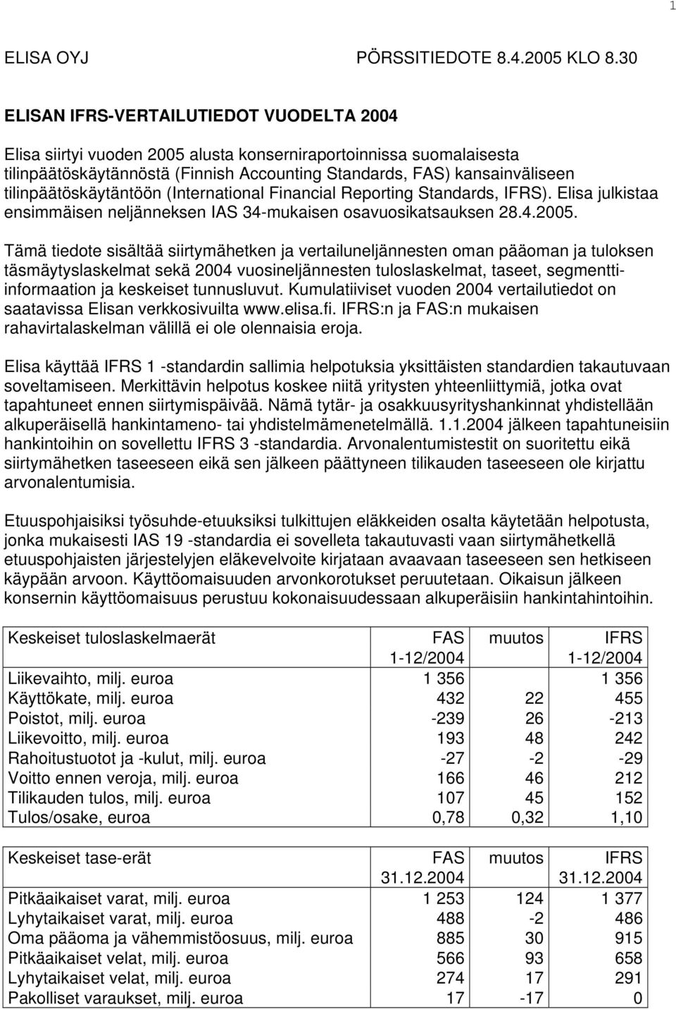 tilinpäätöskäytäntöön (International Financial Reporting Standards, IFRS). Elisa julkistaa ensimmäisen neljänneksen IAS 34-mukaisen osavuosikatsauksen 28.4.2005.