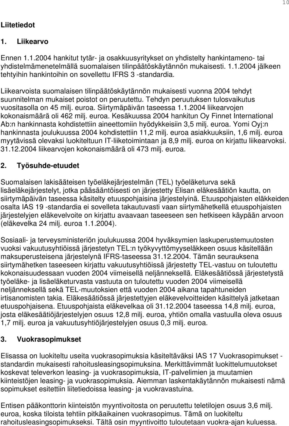 Siirtymäpäivän taseessa 1.1.2004 liikearvojen kokonaismäärä oli 462 milj. euroa. Kesäkuussa 2004 hankitun Oy Finnet International Ab:n hankinnasta kohdistettiin aineettomiin hyödykkeisiin 3,5 milj.