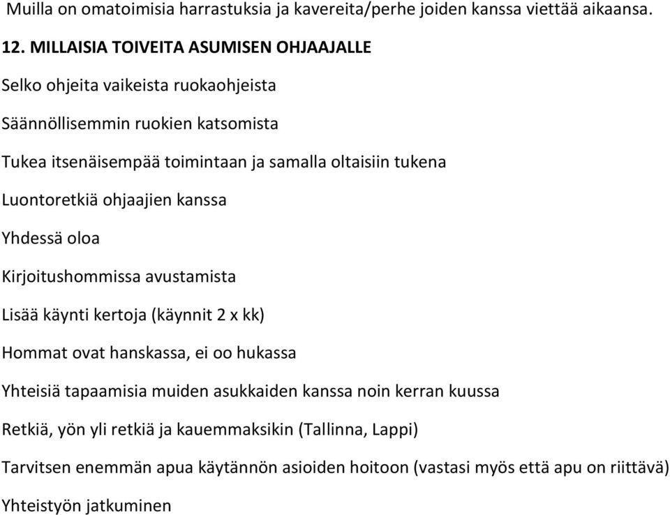 oltaisiin tukena Luontoretkiä ohjaajien kanssa Yhdessä oloa Kirjoitushommissa avustamista Lisää käynti kertoja (käynnit 2 x kk) Hommat ovat hanskassa, ei oo