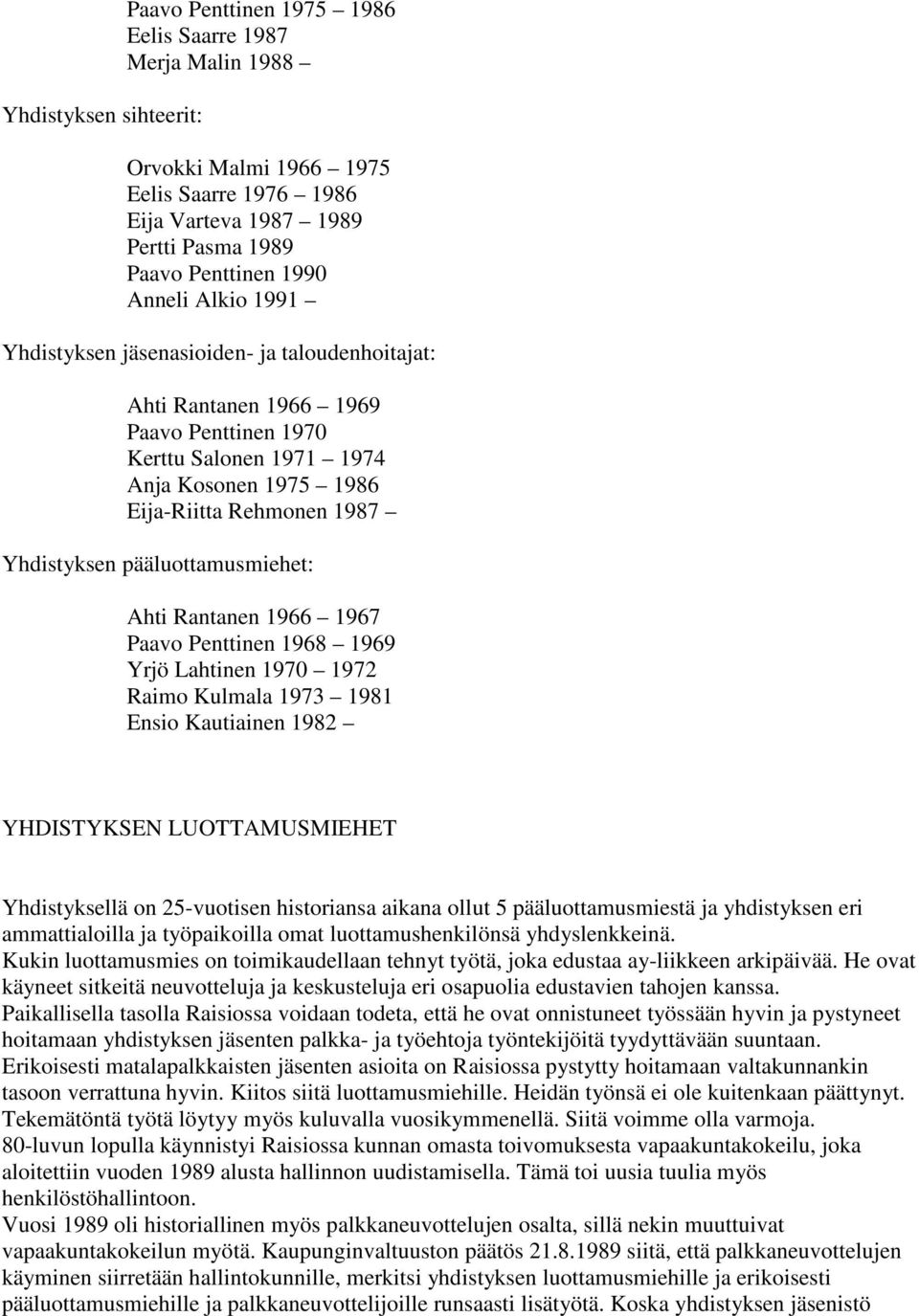 pääluottamusmiehet: Ahti Rantanen 1966 1967 Paavo Penttinen 1968 1969 Yrjö Lahtinen 1970 1972 Raimo Kulmala 1973 1981 Ensio Kautiainen 1982 YHDISTYKSEN LUOTTAMUSMIEHET Yhdistyksellä on 25-vuotisen