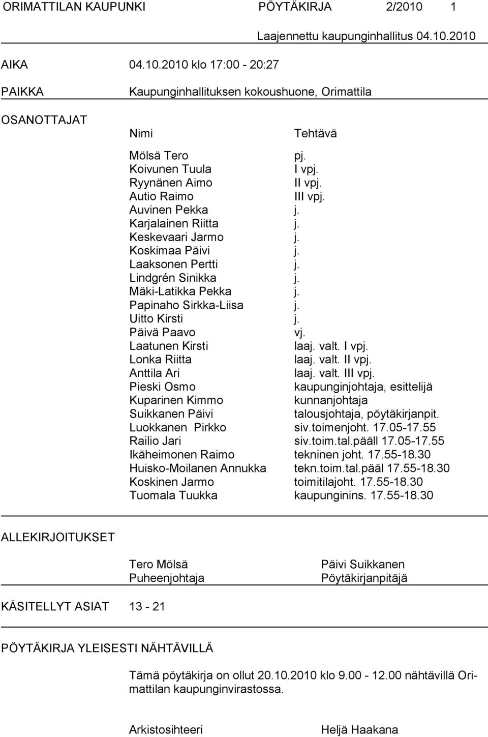 Mäki-Latikka Pekka j. Papinaho Sirkka-Liisa j. Uitto Kirsti j. Päivä Paavo vj. Laatunen Kirsti laaj. valt. I vpj. Lonka Riitta laaj. valt. II vpj. Anttila Ari laaj. valt. III vpj.