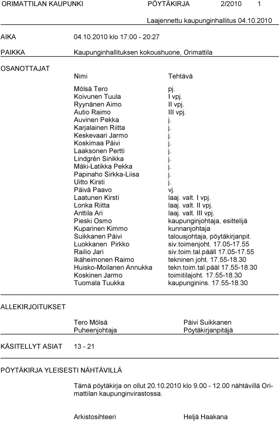 Mäki-Latikka Pekka j. Papinaho Sirkka-Liisa j. Uitto Kirsti j. Päivä Paavo vj. Laatunen Kirsti laaj. valt. I vpj. Lonka Riitta laaj. valt. II vpj. Anttila Ari laaj. valt. III vpj.