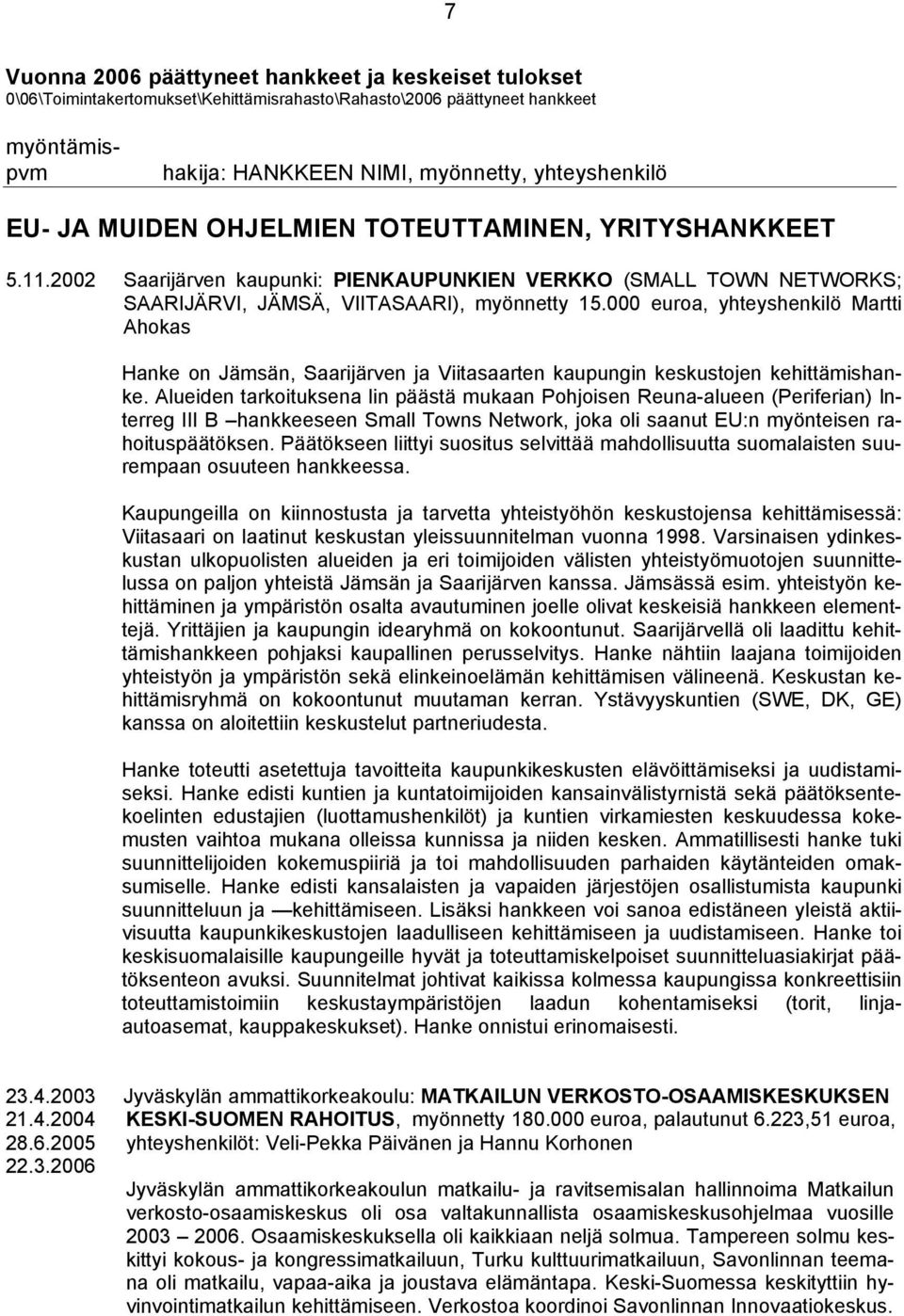 000 euroa, yhteyshenkilö Martti Ahokas Hanke on Jämsän, Saarijärven ja Viitasaarten kaupungin keskustojen kehittämishanke.