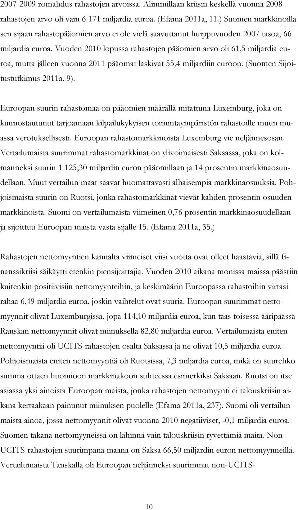 Vuoden 2010 lopussa rahastojen pääomien arvo oli 61,5 miljardia euroa, mutta jälleen vuonna 2011 pääomat laskivat 55,4 miljardiin euroon. (Suomen Sijoitustutkimus 2011a, 9).