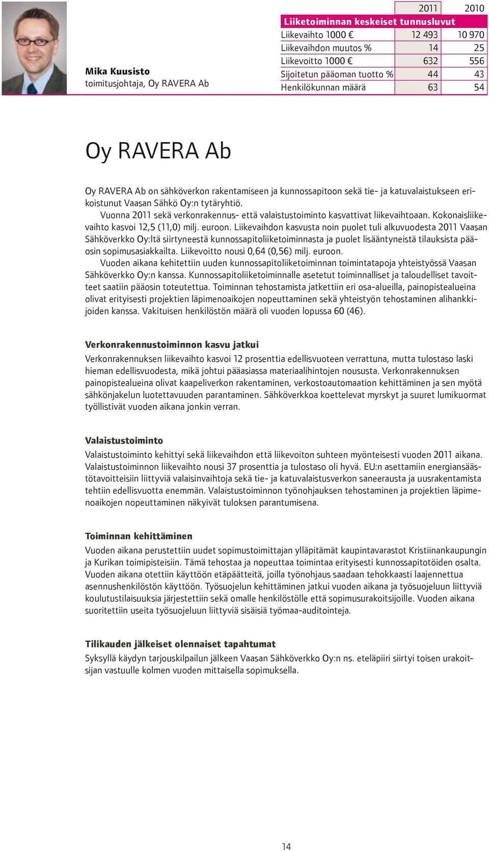 Vuonna 2011 sekä verkonrakennus- että valaistustoiminto kasvattivat liikevaihtoaan. Kokonaisliikevaihto kasvoi 12,5 (11,0) milj. euroon.