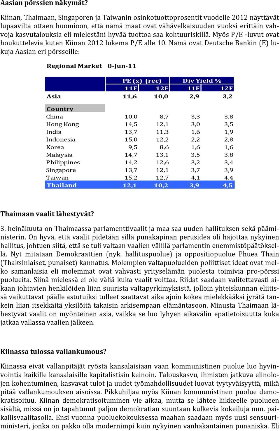 mielestäni hyvää tuottoa saa kohtuuriskillä. Myös P/E -luvut ovat houkuttelevia kuten Kiinan 2012 lukema P/E alle 10.