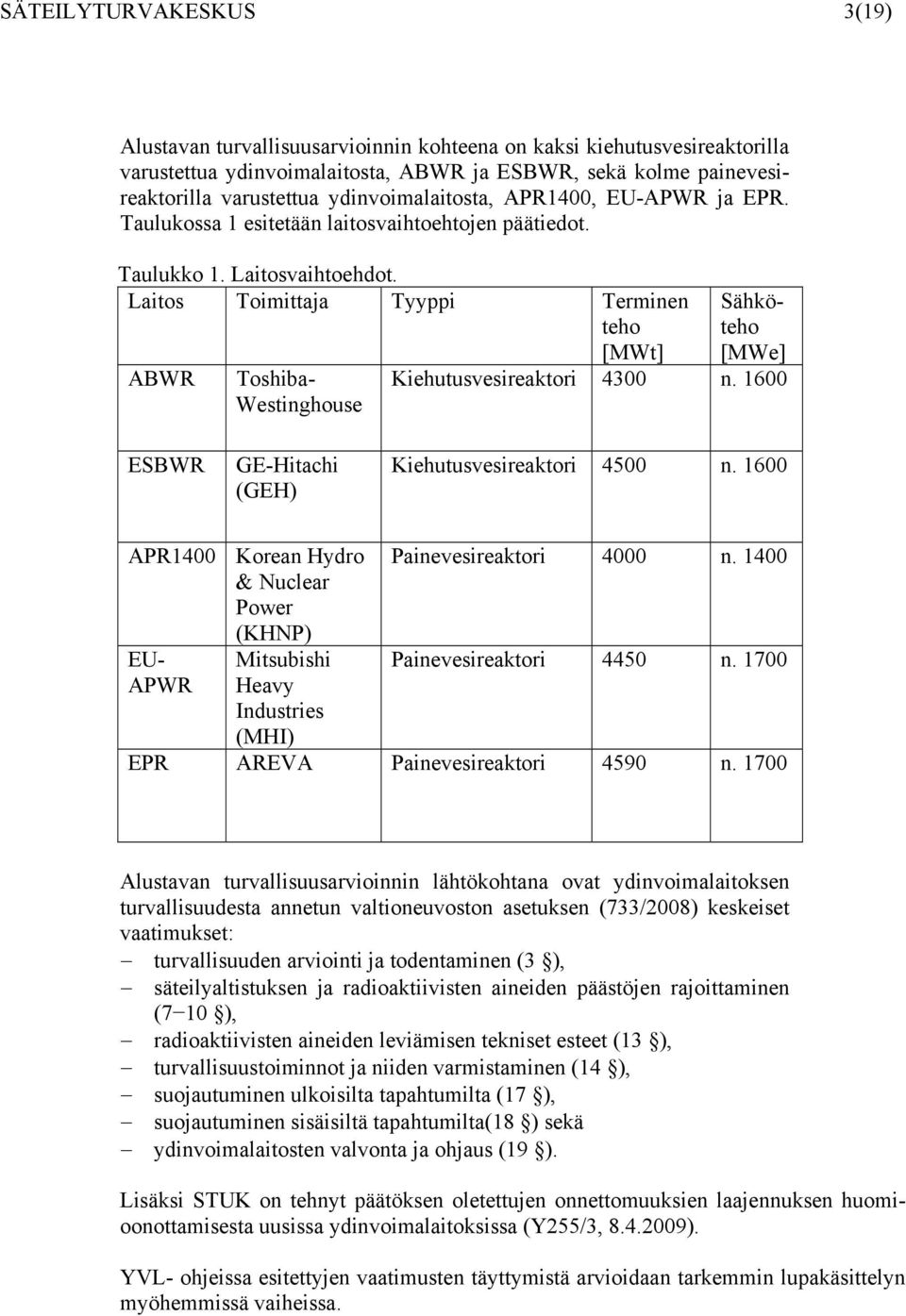 Laitos Toimittaja Tyyppi Terminen teho [MWt] ABWR Toshiba- Westinghouse Kiehutusvesireaktori 4300 n. 1600 ESBWR GE-Hitachi (GEH) Kiehutusvesireaktori 4500 n.