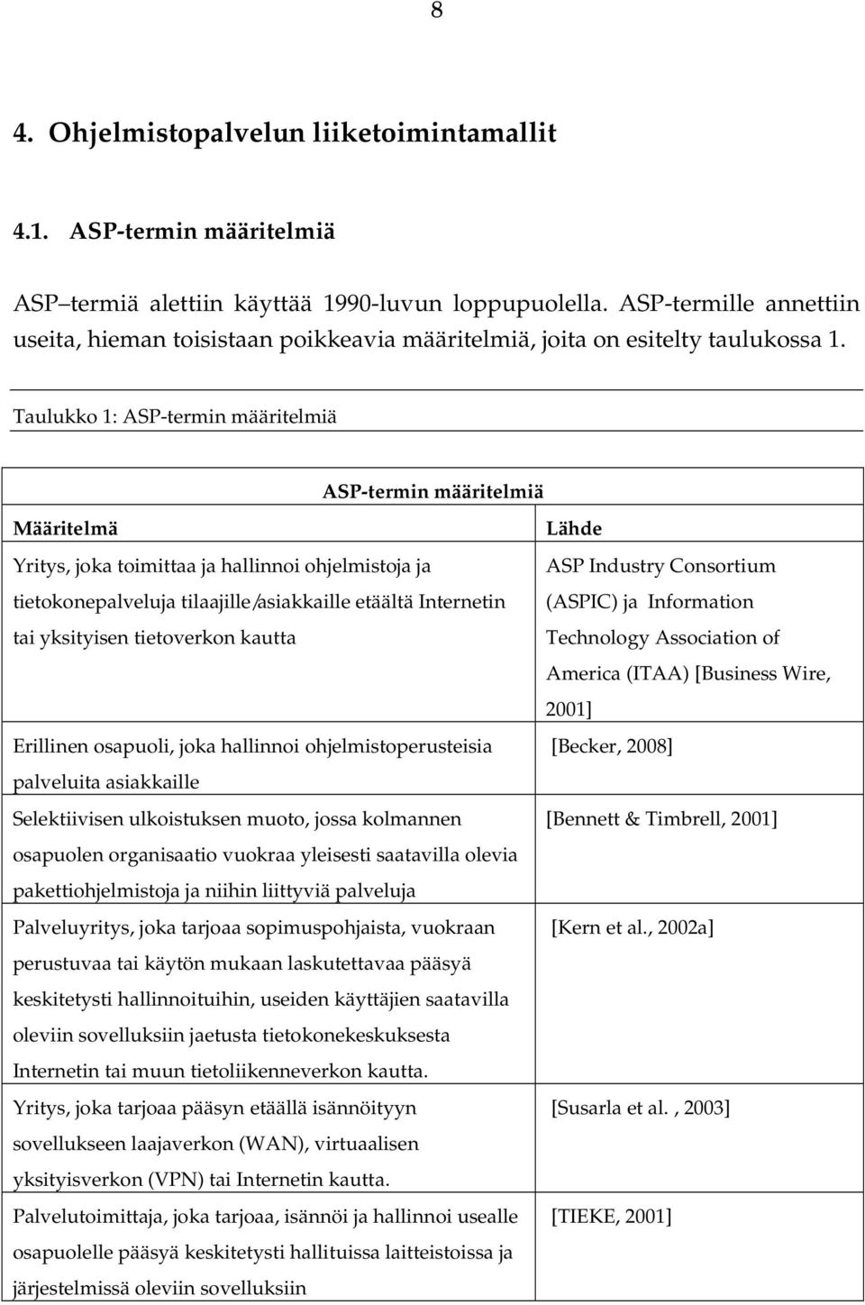 Taulukko 1: ASP-termin määritelmiä ASP-termin määritelmiä Määritelmä Yritys, joka toimittaa ja hallinnoi ohjelmistoja ja tietokonepalveluja tilaajille/asiakkaille etäältä Internetin tai yksityisen