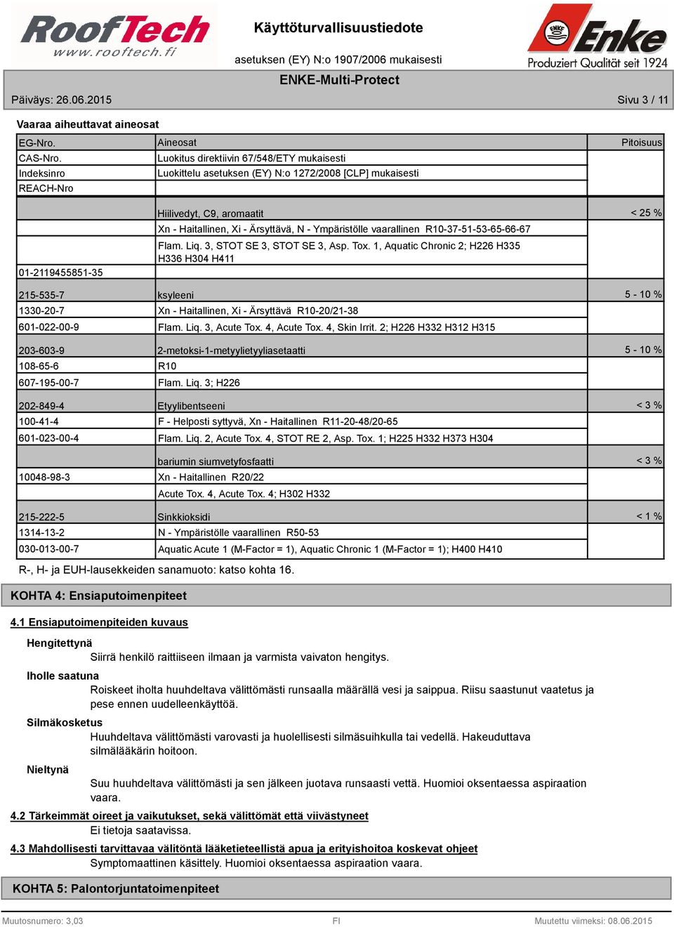 Ärsyttävä, N - Ympäristölle vaarallinen R10-37-51-53-65-66-67 Flam. Liq. 3, STOT SE 3, STOT SE 3, Asp. Tox.