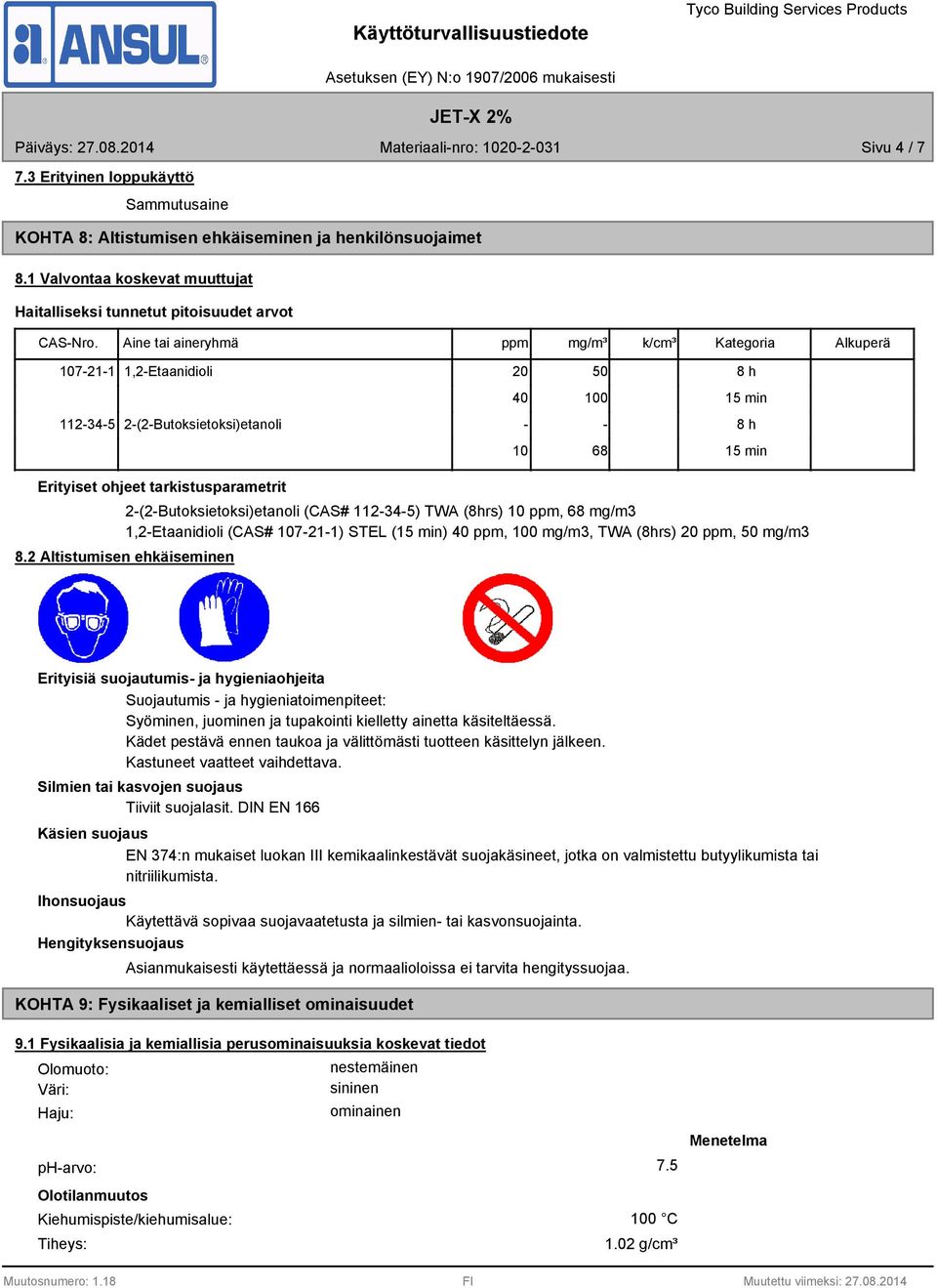 - - 10 68 8 h 15 min 8 h 15 min Erityiset ohjeet tarkistusparametrit 2-(2-Butoksietoksi)etanoli (CAS# 112-34-5) TWA (8hrs) 10 ppm, 68 mg/m3 1,2-Etaanidioli (CAS# 107-21-1) STEL (15 min) 40 ppm, 100