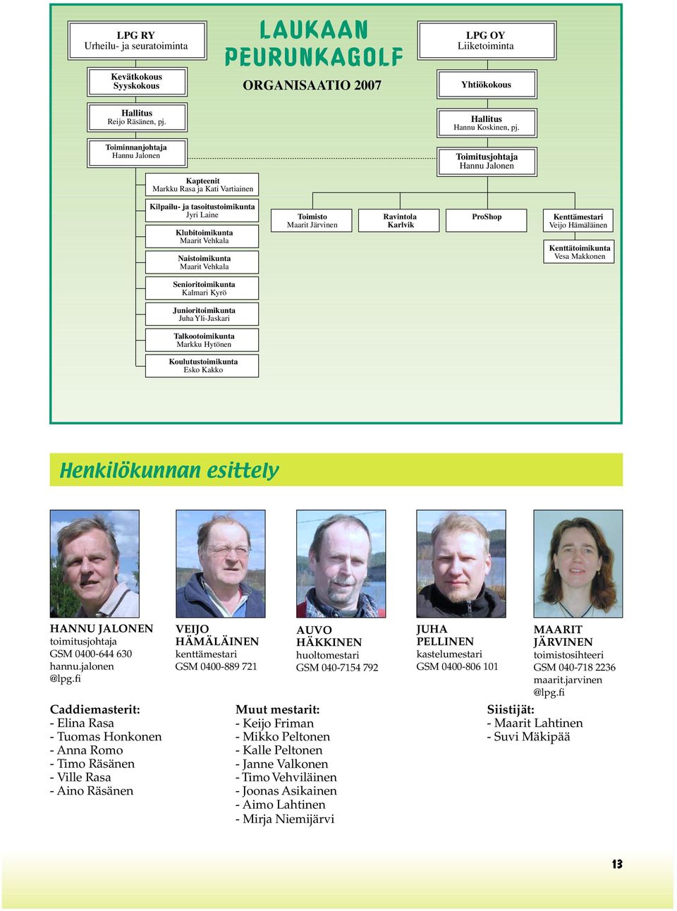 Vehkala Toimisto Maarit Järvinen Ravintola Karlvik ProShop Kenttämestari Veijo Hämäläinen Kenttätoimikunta Vesa Makkonen Senioritoimikunta Kalmari Kyrö Junioritoimikunta Juha Yli-Jaskari
