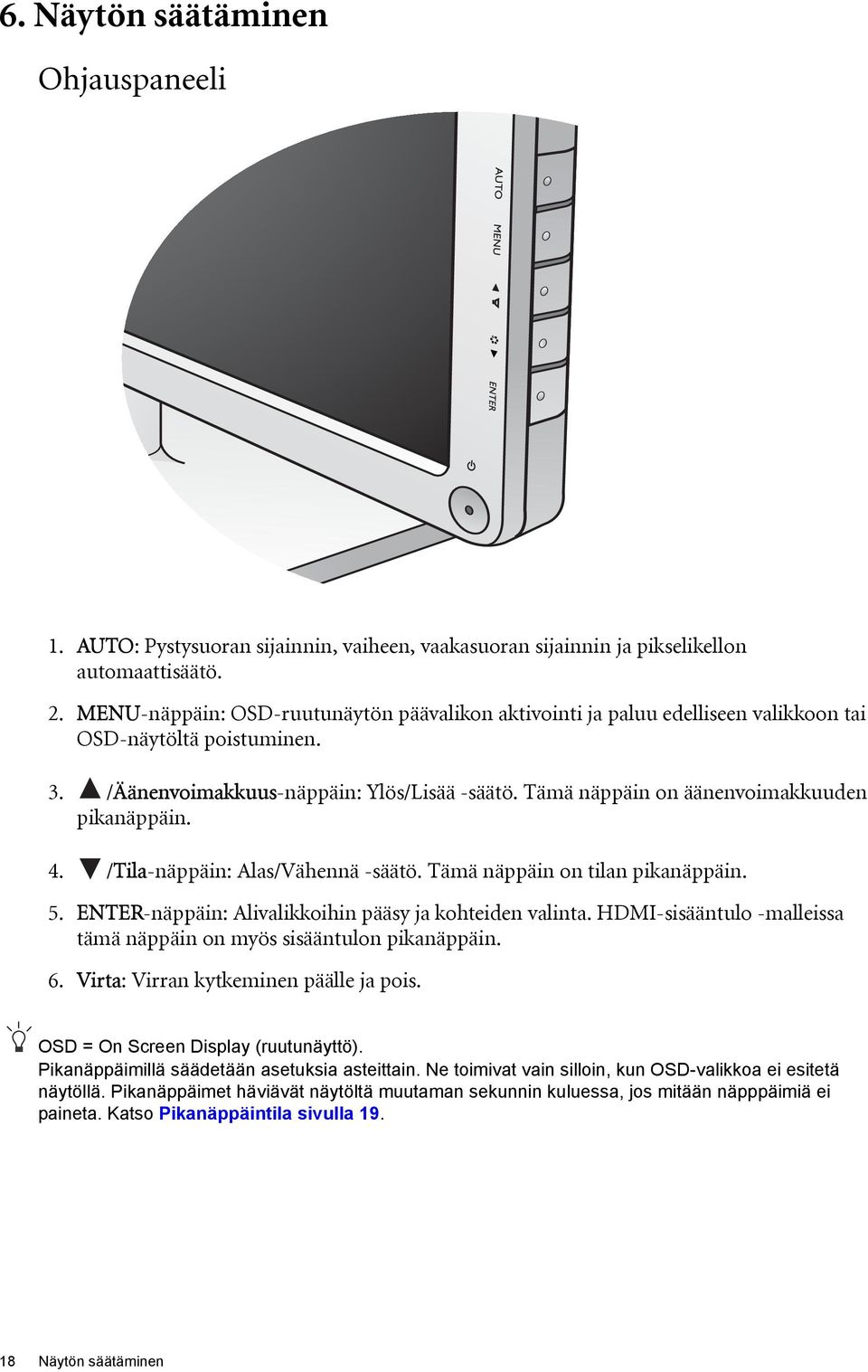 Tämä näppäin on äänenvoimakkuuden pikanäppäin. 4. /Tila-näppäin: Alas/Vähennä -säätö. Tämä näppäin on tilan pikanäppäin. 5. ENTER-näppäin: Alivalikkoihin pääsy ja kohteiden valinta.