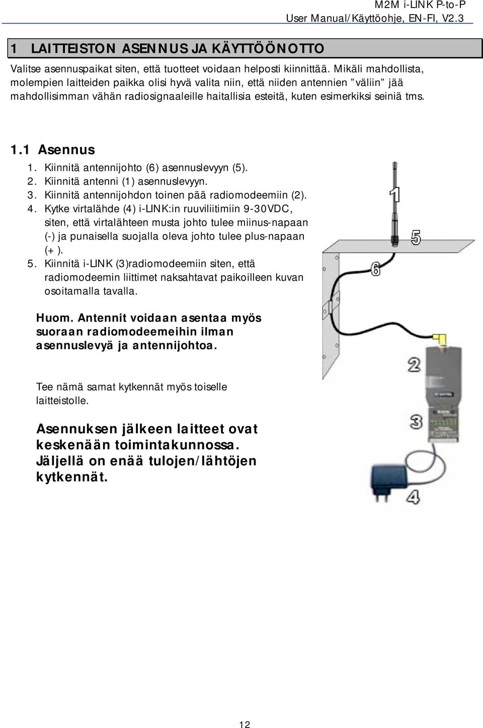 1 Asennus 1. Kiinnitä antennijohto (6) asennuslevyyn (5). 2. Kiinnitä antenni (1) asennuslevyyn. 3. Kiinnitä antennijohdon toinen pää radiomodeemiin (2). 4.