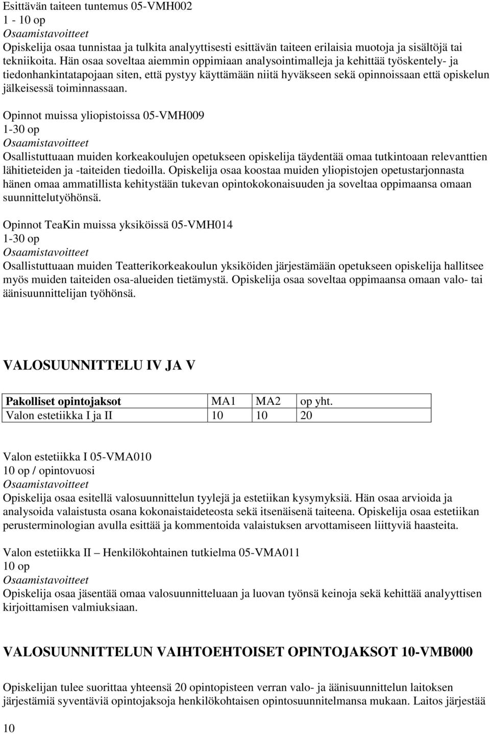 toiminnassaan. Opinnot muissa yliopistoissa 05-VMH009 1-30 op Osallistuttuaan muiden korkeakoulujen opetukseen opiskelija täydentää omaa tutkintoaan relevanttien lähitieteiden ja -taiteiden tiedoilla.