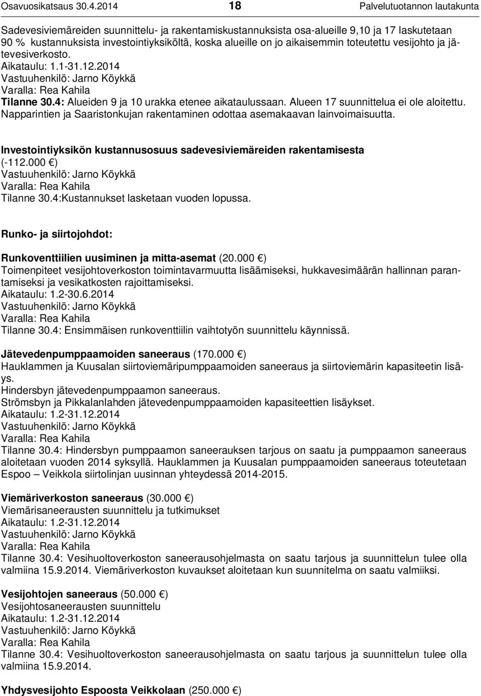 aikaisemmin toteutettu vesijohto ja jätevesiverkosto. Aikataulu: 1.1-31.12.2014 Alueiden 9 ja 10 urakka etenee aikataulussaan. Alueen 17 suunnittelua ei ole aloitettu.